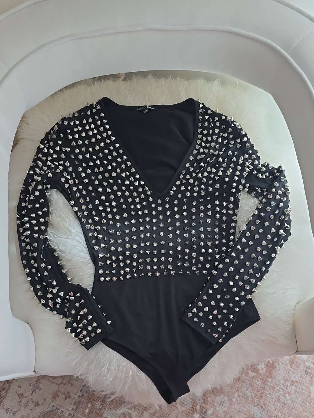 Fashion Nova Black Studded Long Sleeve V-Neck Bodysuit